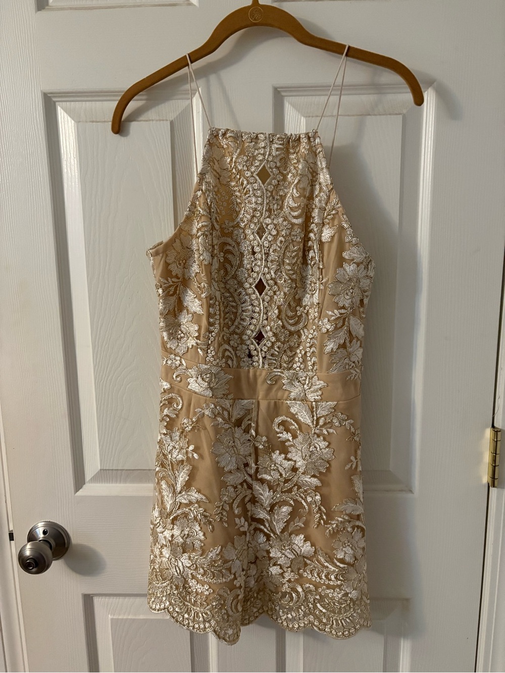 Fashion Nova Beige Romper with White Floral Embroidery